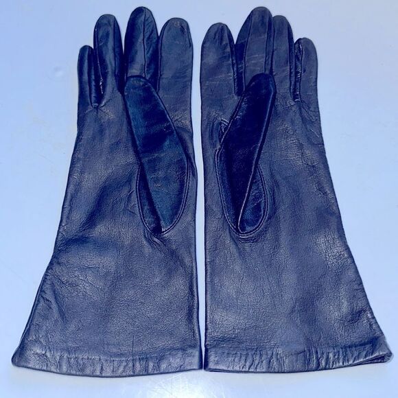 Vintage Aris black nylon lined leather gloves - size 7 - Picture 2 of 5